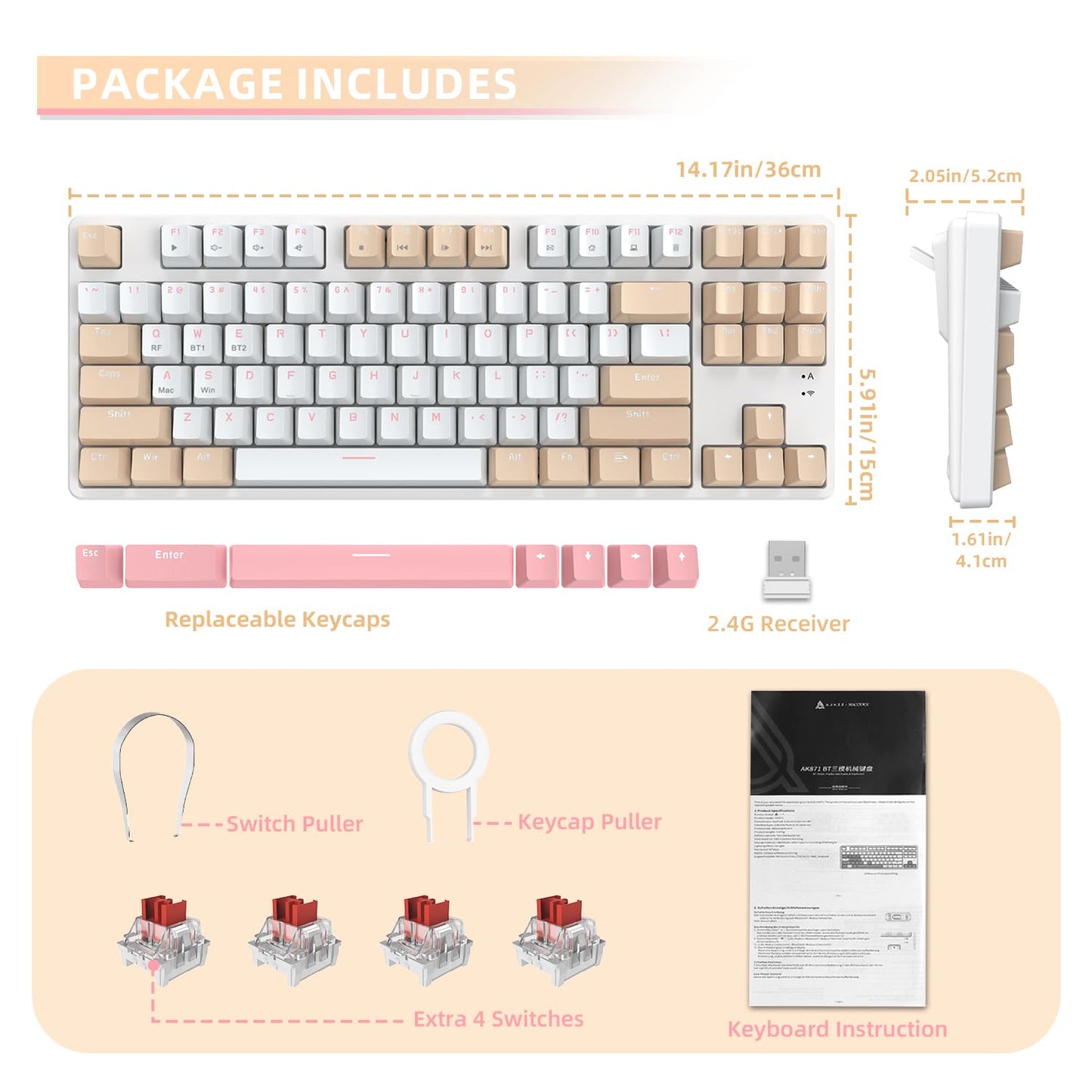 A.JAZZ Wireless Mechanical Keyboard, 87 Keys TKL Hot Swappable Bluetooth Gaming Keyboard, Dual Mode BT5.0/2.4G with Detachable Frame, USB Hub OEM Keycaps Custom Keyboard for PC Gamer Xbox(Red Switch)