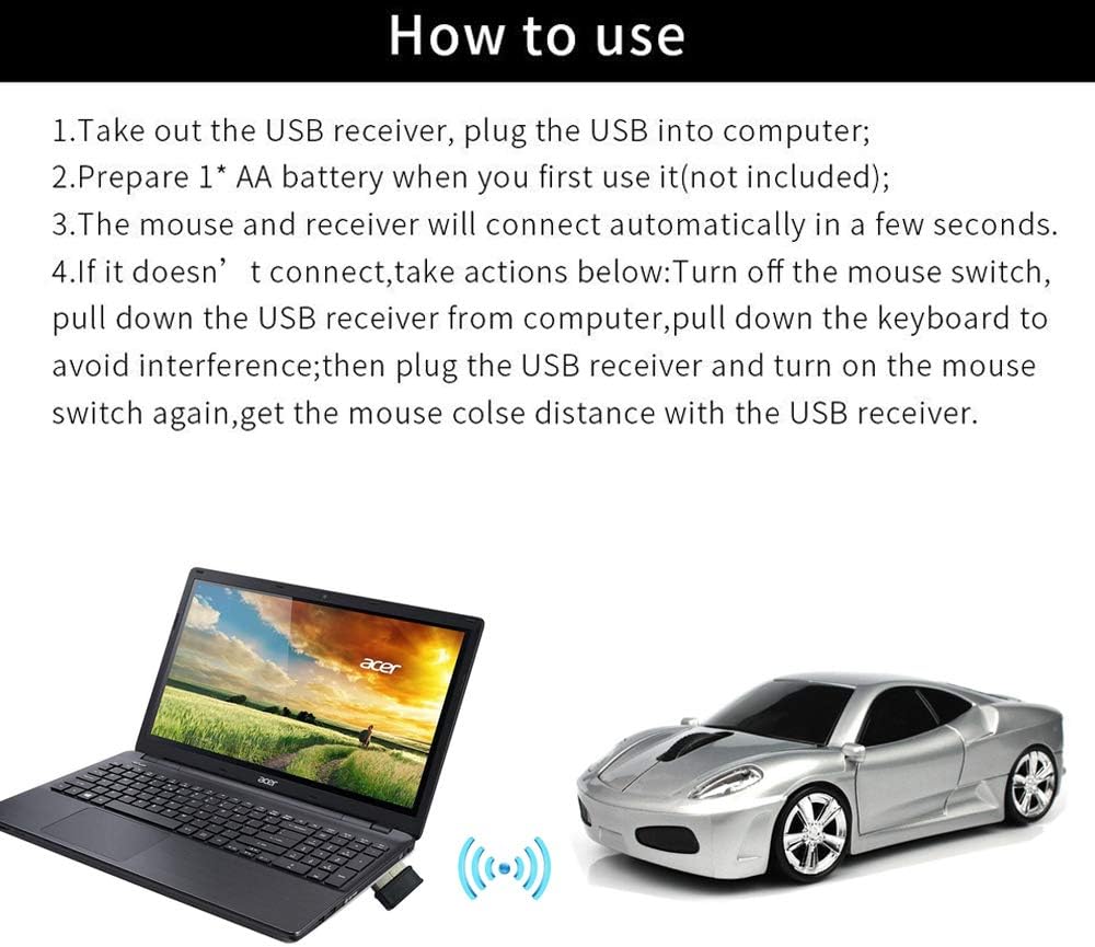 2.4Ghz Wireless Car Shape Mouse 3D Optical Gaming Mice USB Mini Receiver for PC Laptop Computer