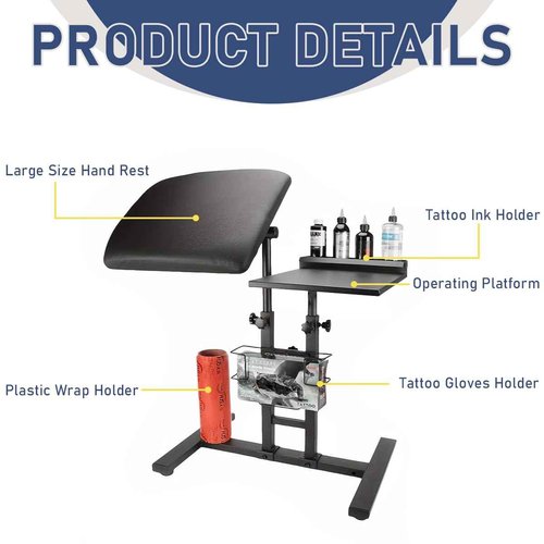 QUTUNI Tattoo Armrest with Tattoo Supplies Storage Board, Tattoo Workbench with Adjustable Height & Tilt, Portable Tattoo Bracket for Tattoo Studio Salon