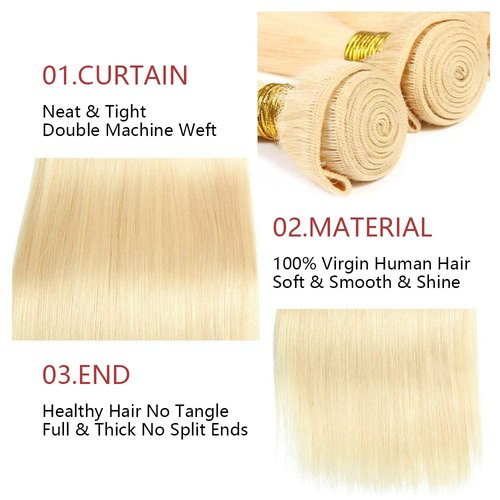 613 Straight Bundle Honey Blonde Human Hair 3 Bundles 100% Unprocessed Virgin Hair Brazilian Double Weft Extensions Blonde Color 20 22 24 Inch For Women