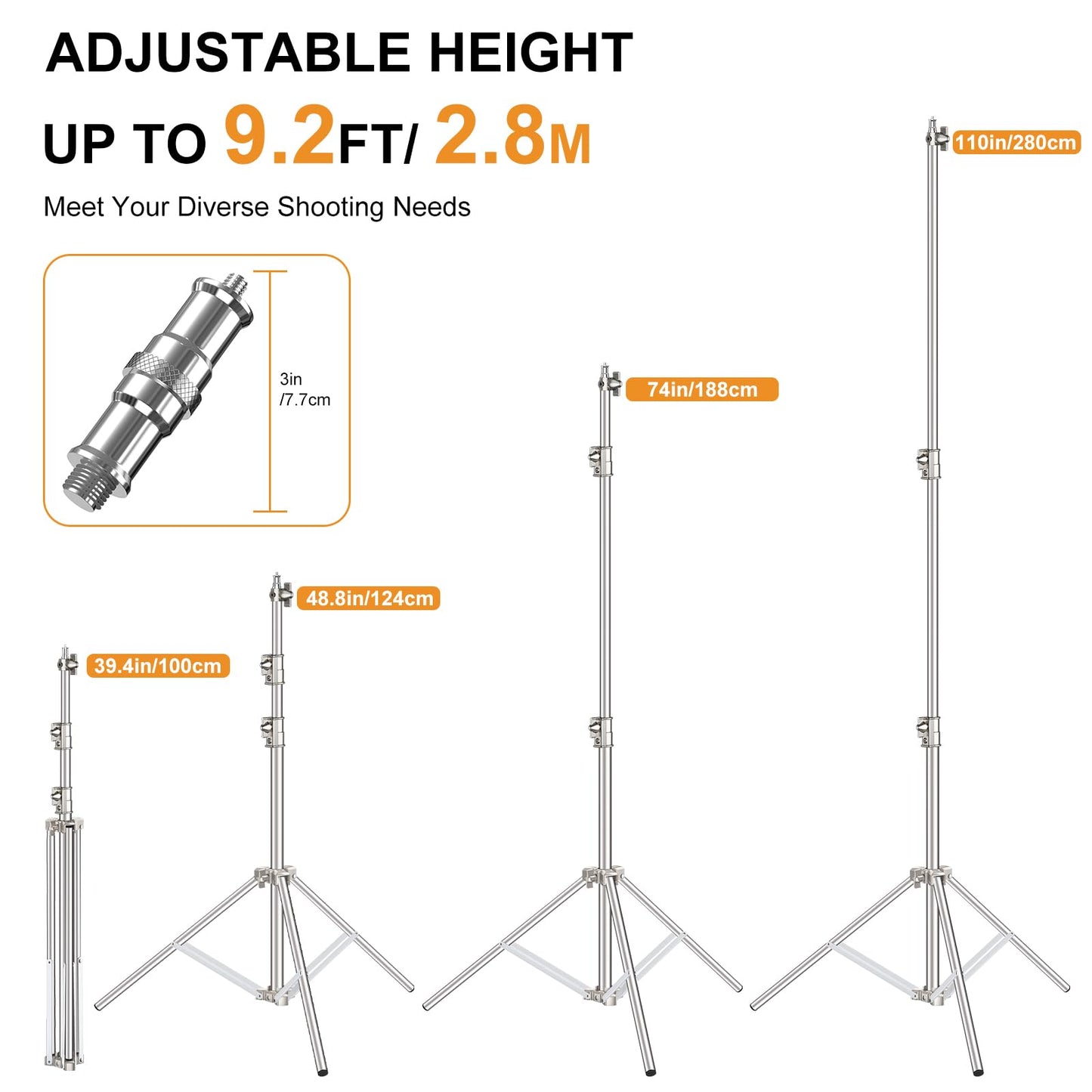 9.2 FT Stainless Steel Photography Stand, Heavy Duty Tripod With 1/4" to 3/8" Screw Adapter for Strobe, LED Video Light, Ring Light, Monolight, Softbox