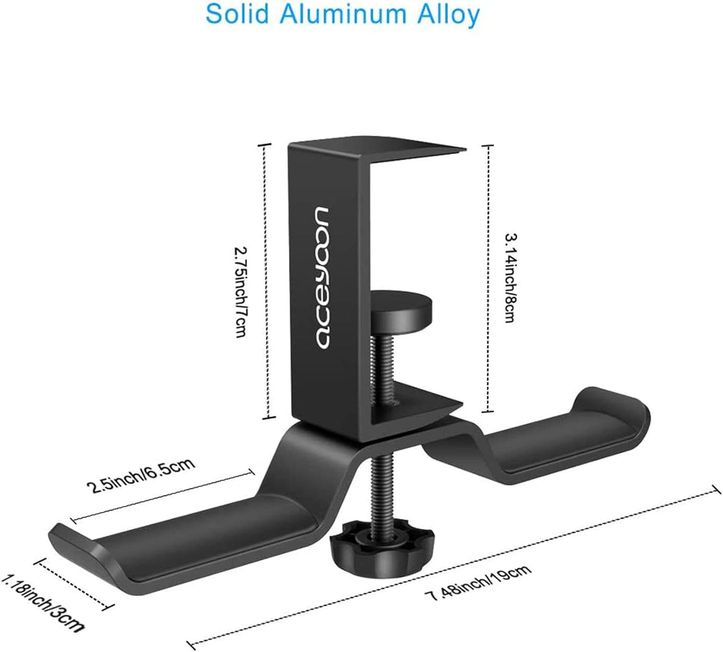 aceyoon Under Desk Headphone Hanger, Aluminum Headphone Stand,Headset Holder Space-Saving for Bag/Backpack/Gaming Headphone, Black