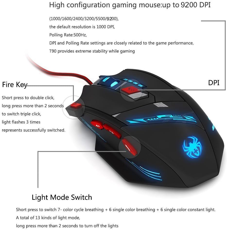 Zelotes T90 Professional 9200 DPI High Precision USB Wired Gaming Mouse,8 Buttons,With 7 kinds modes of LED Colorful Breathing Light, Weight Tuning Set (Black)
