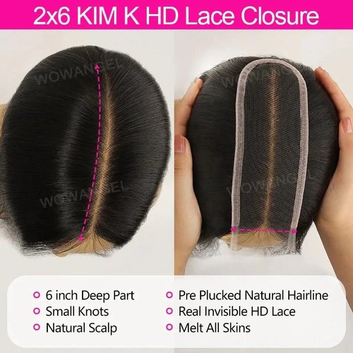 WOWANGEL 2x6 SKINLIKE Real HD Lace Closure, Undetectable HD Film Lace Unprocessed Straight Human Hair Closure Bleached Knots Pre Plucked Super Invisible Lace Closure Natural 20 Inch