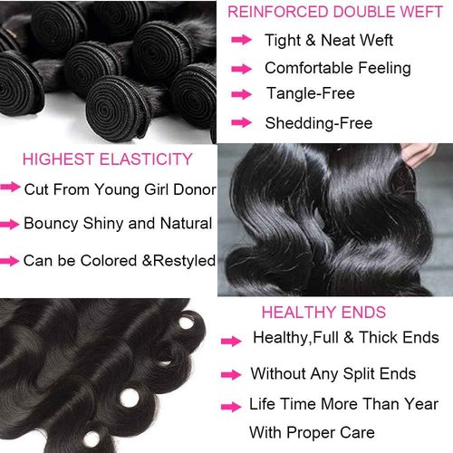 Caplina 16A Human Hair Bundles 16 18 20 22 Inch Body Wave 400g Unprocessed Brazilian Virgin Hair 4 Bundles Deals Human Hair Extensions Quick Weave Human Hair Natural Black Color