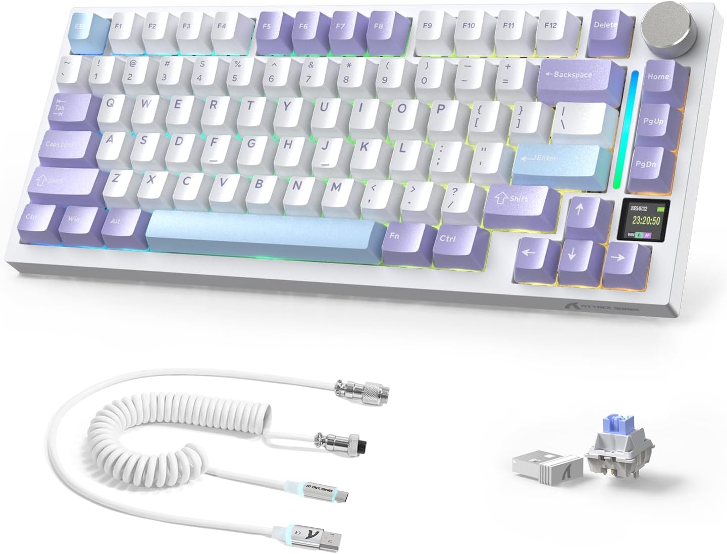 Attack Shark ajazz AK820 Pro 75% Mechanical Keyboard and Coiled Cable Hot Swappable Wireless 2.4GHz/Bluetooth/Wired TFT Screen & Knob Flying Fish Switch RGB Gasket Mount Custom Keyboard-Black