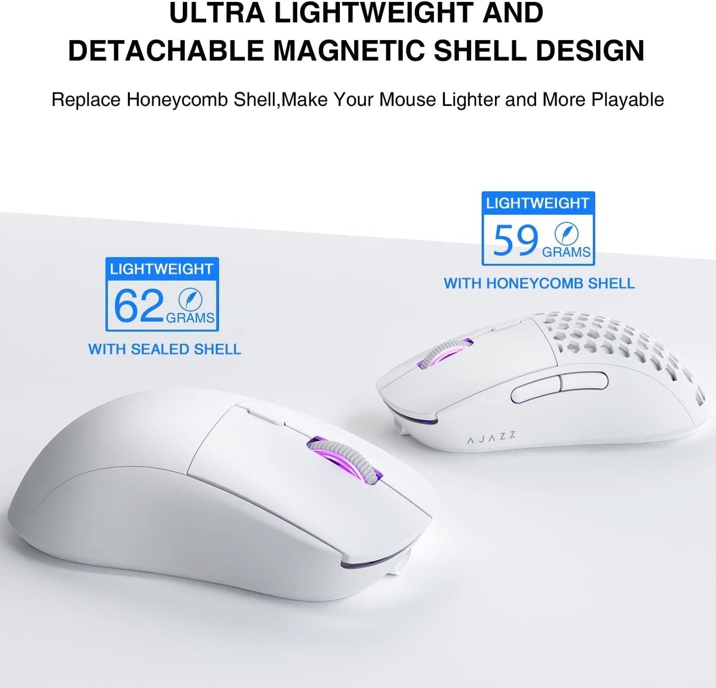 AJAZZ AJ199 Wireless Gaming Mouse,59G Ultra Lightwieght-Huanuo Micro Switch-26K PAW3395 Sensor-40Hrs Battery Life-2.4G/USB-C Mouse Gaming -Wireless Computer Mouse 6 Programmable Buttons,100% PTFE Feet