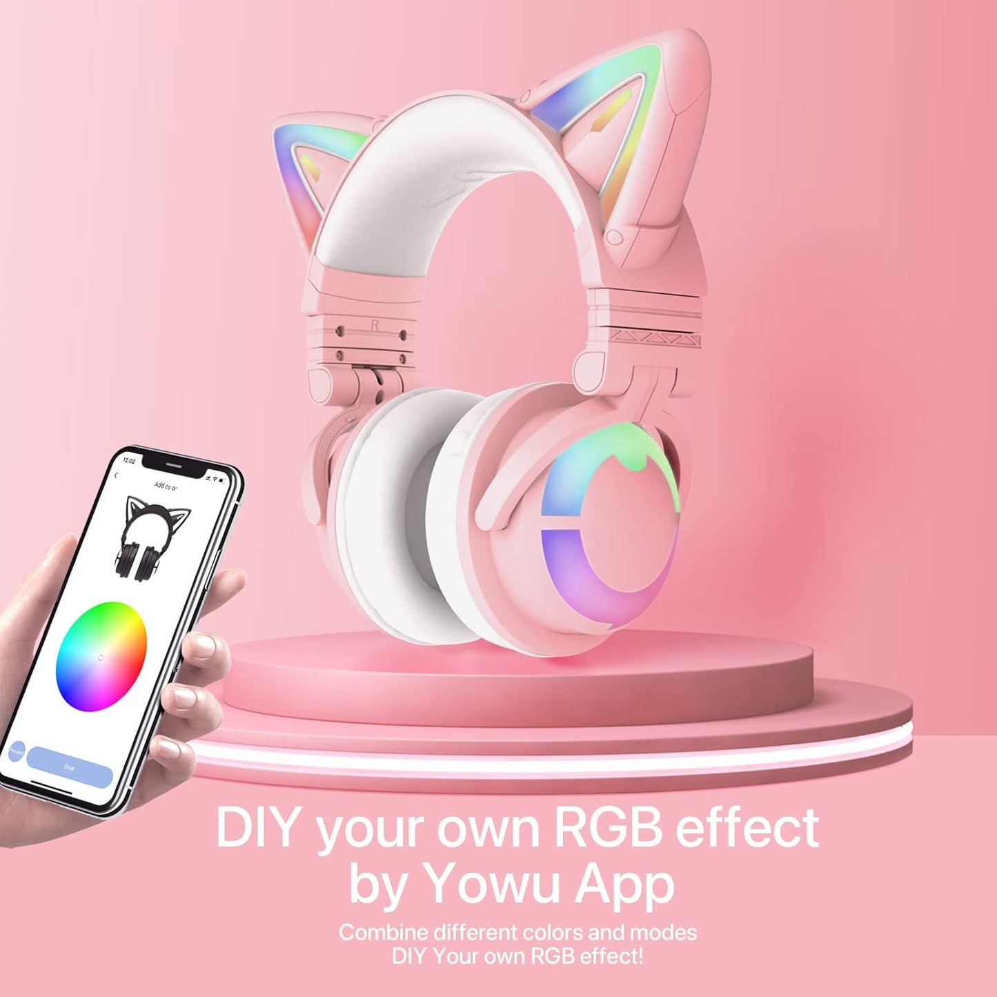 YOWU Cat Ear Headphones 3G, RGB Wireless/Wired 5.0 Foldable Gaming Headset with 7.1 Surround Sound, Built-in Mic & Customizable Lighting and Effect via APP(White)