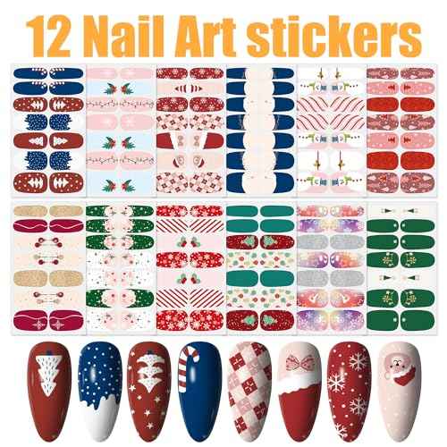 WOKOTO 12 Sheets 168pcs Christmas Nail Polish Stickers Full Nail Wraps for Gel Polish Strips for Women Christmas Nail Stickers Christmas Tree Snow Man Nail Polish Strips Nail Gel Stickers for Nails