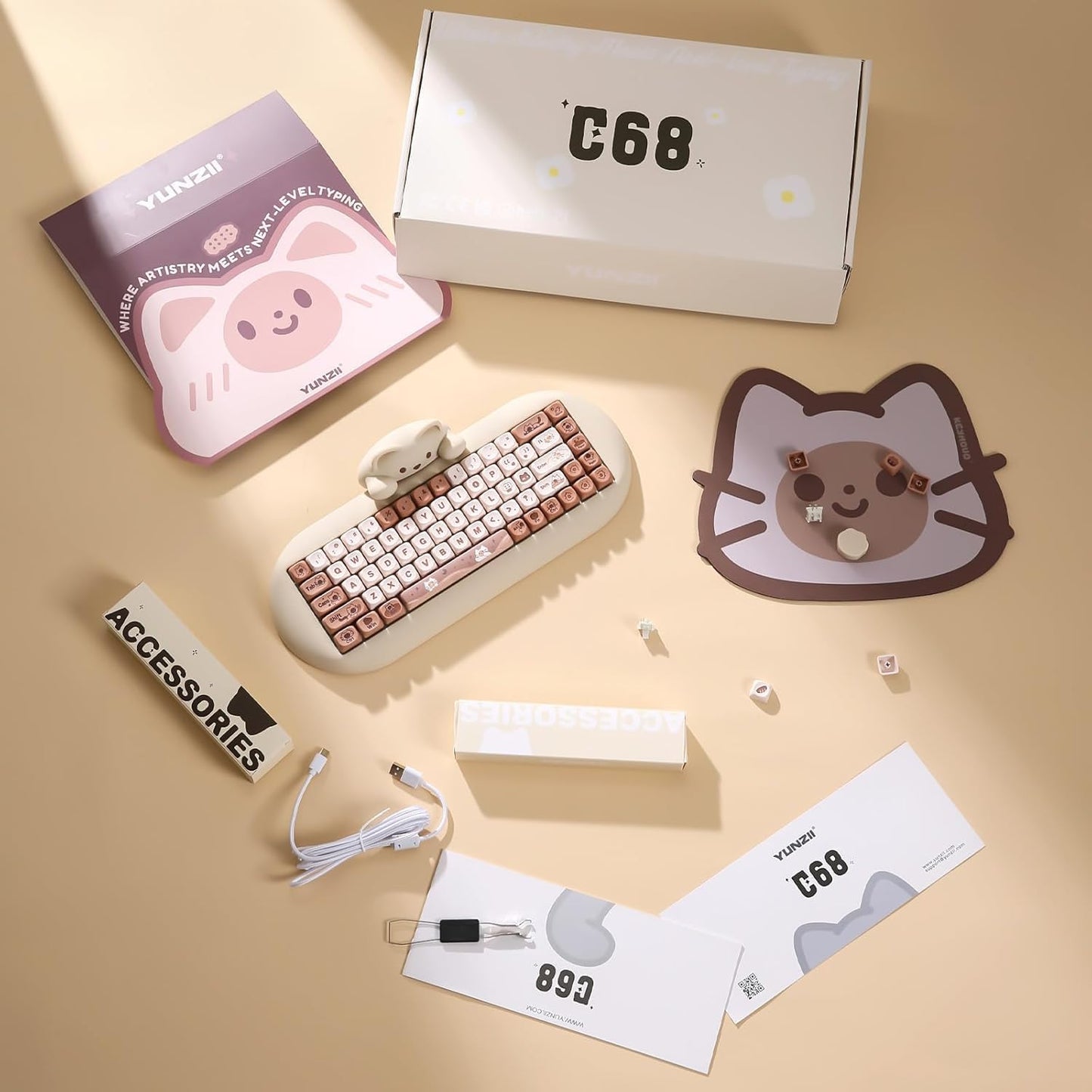 YUNZII C68 Wireless Mechanical Keyboard,65% Layout,Hot Swap,Triple Mode BT5.0/2.4G/Wired, RGB Backlit NKRO,Cute Cat Silicone Ergonomic Design for Win/Mac(Brown, Cocoa Cream V2 Switch)