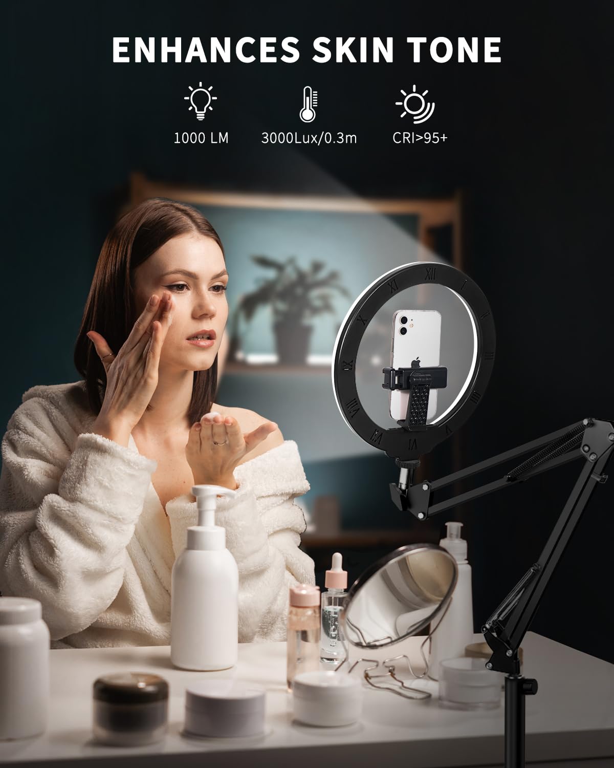10" Ring Light Tripod for iPhone Overhead Phone Mount Holder, Flexible Ring Light with Stand - LED CRI >95 & Adjustable 70" Height, Phone Stand for Recording Video Camera Selfie Vlog TikTok YouTube
