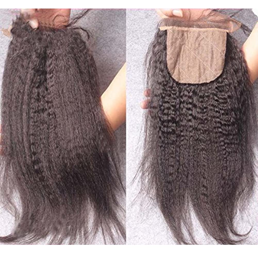 Nicewig Silk Base Top Closure Yaki Straight Bleached Hidden Knots Free Part 4x4 Fake Scalp Lace Closure With Baby Hair Unprocessed Virgin Kinky Straight Human Hair Closure 10" inch