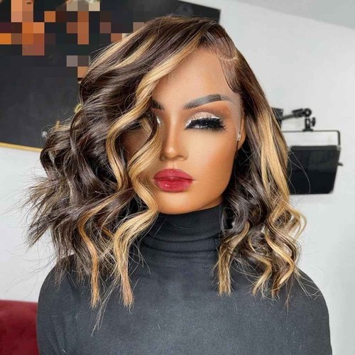 Highlight Bob Wig Human Hair 13x4 HD Lace Front Wigs Human Hair Pre Plucked Glueless Short Body Wave Bob Wigs for Women Human Hair 180 Density Ombre Brown Honey Blonde P4/27 Loose Wave Bob Wig 14 inch