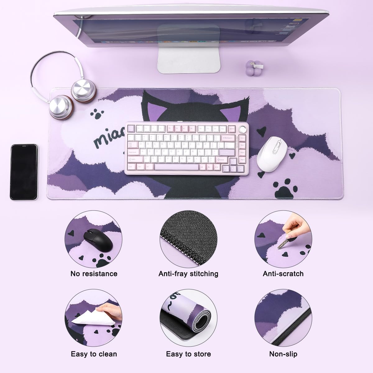 YUNZII Keynovo Gaming Mouse Pad, Large Mouse Pad, Non-Slip 4mm Laptop Gaming Desk Pad for Office and Home(Black cat, 31.49'' x 11.8'')