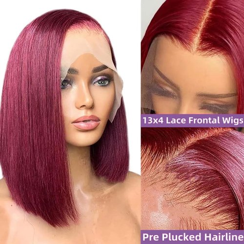 12 Inch 99j Burgundy Lace Front Wigs Human Hair Short Bob Wig Human Hair 13x4 Lace Front Wigs Human Hair Pre Plucked 200 Density Short Straight Bob Wig Natural Hairline Wine Red Wigs for Black Women