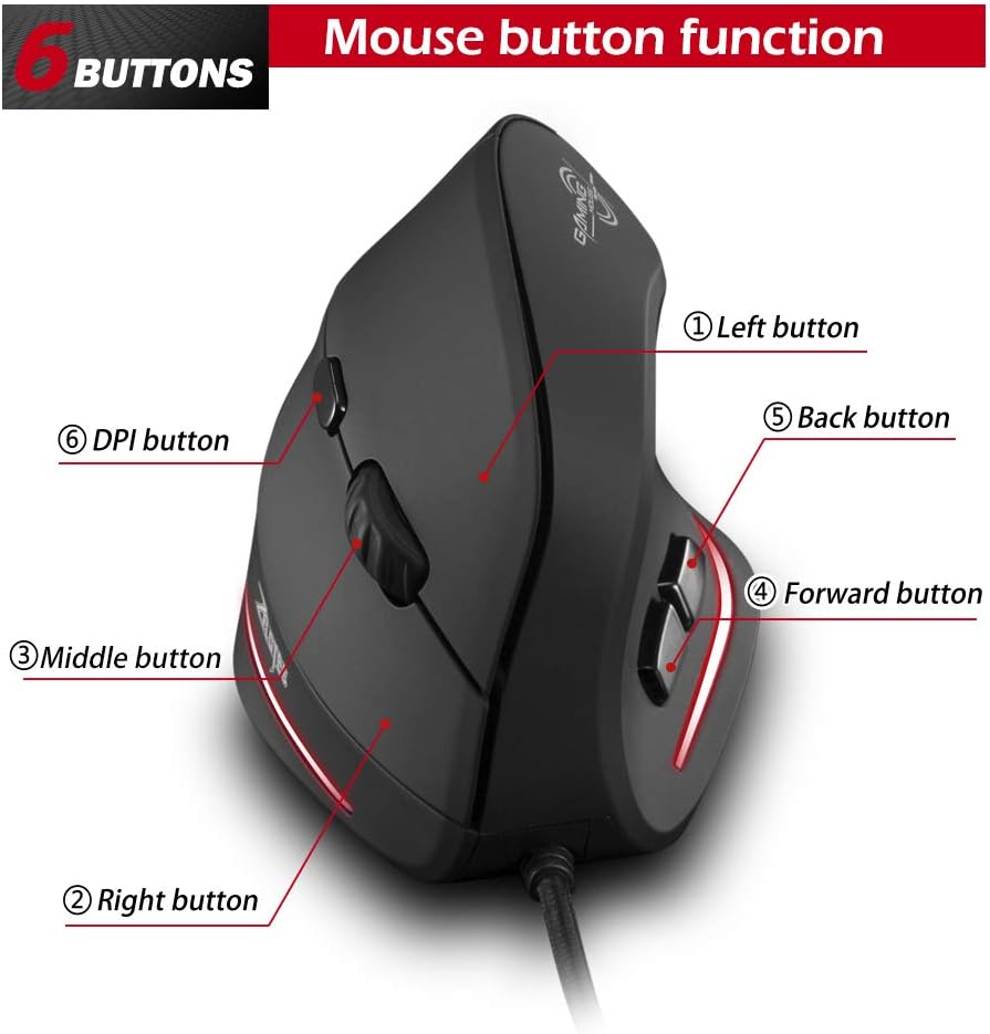 zelotes Vertical Ergonomic Mouse,3200DPI,6 Buttons,LED Illumination,Prevention Against Mouse Arm,USB Optical Wired Mice for Laptop,PC,Mac,Black
