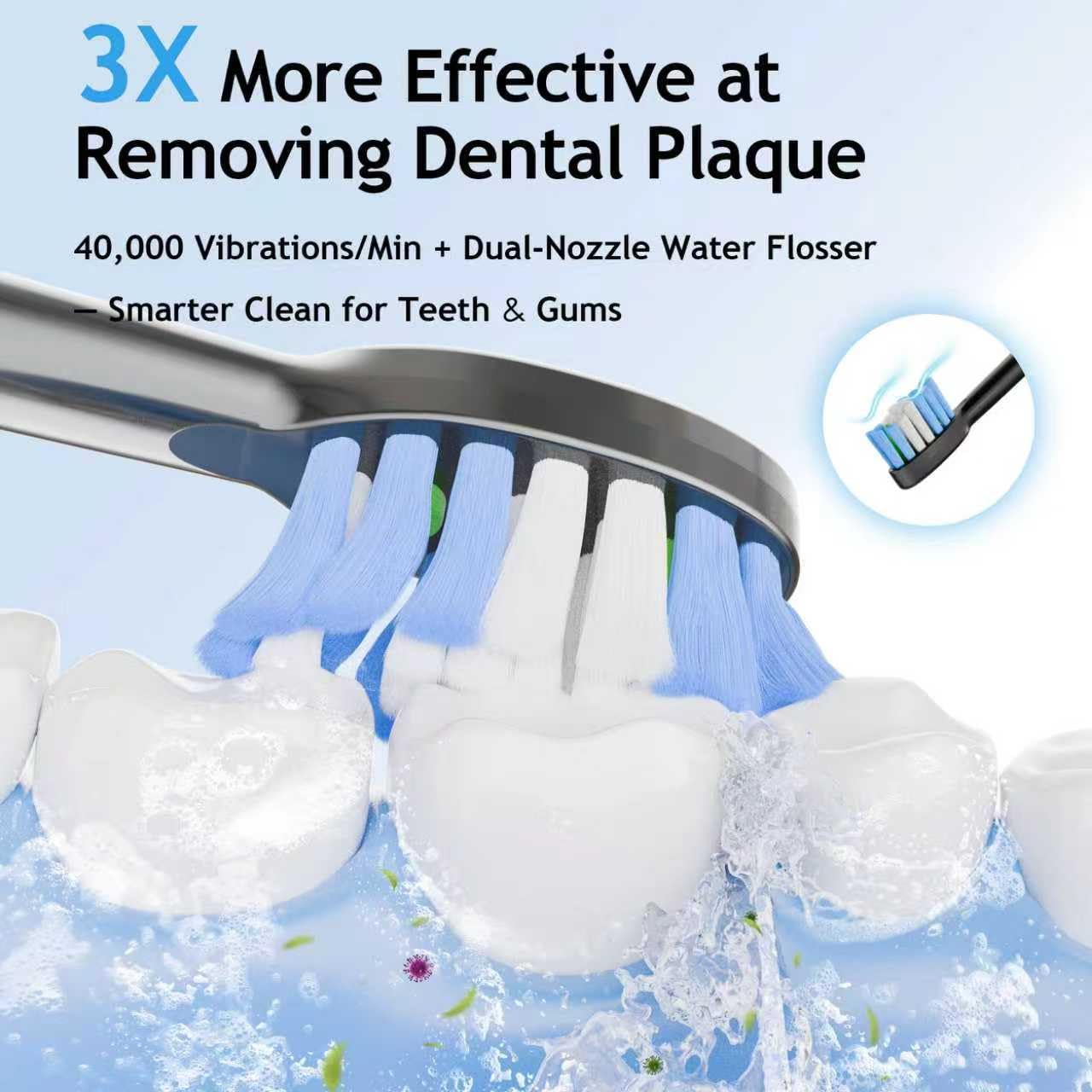 Pinkart Electric Toothbrush with Water Flosser Combo for Adults, 8 Brush Heads, 1 Flosser Tip, 1 Tongue Scraper, 1 Hose, 1 Water Tank – Ideal for Travel and Oral Health(Black and Gray)