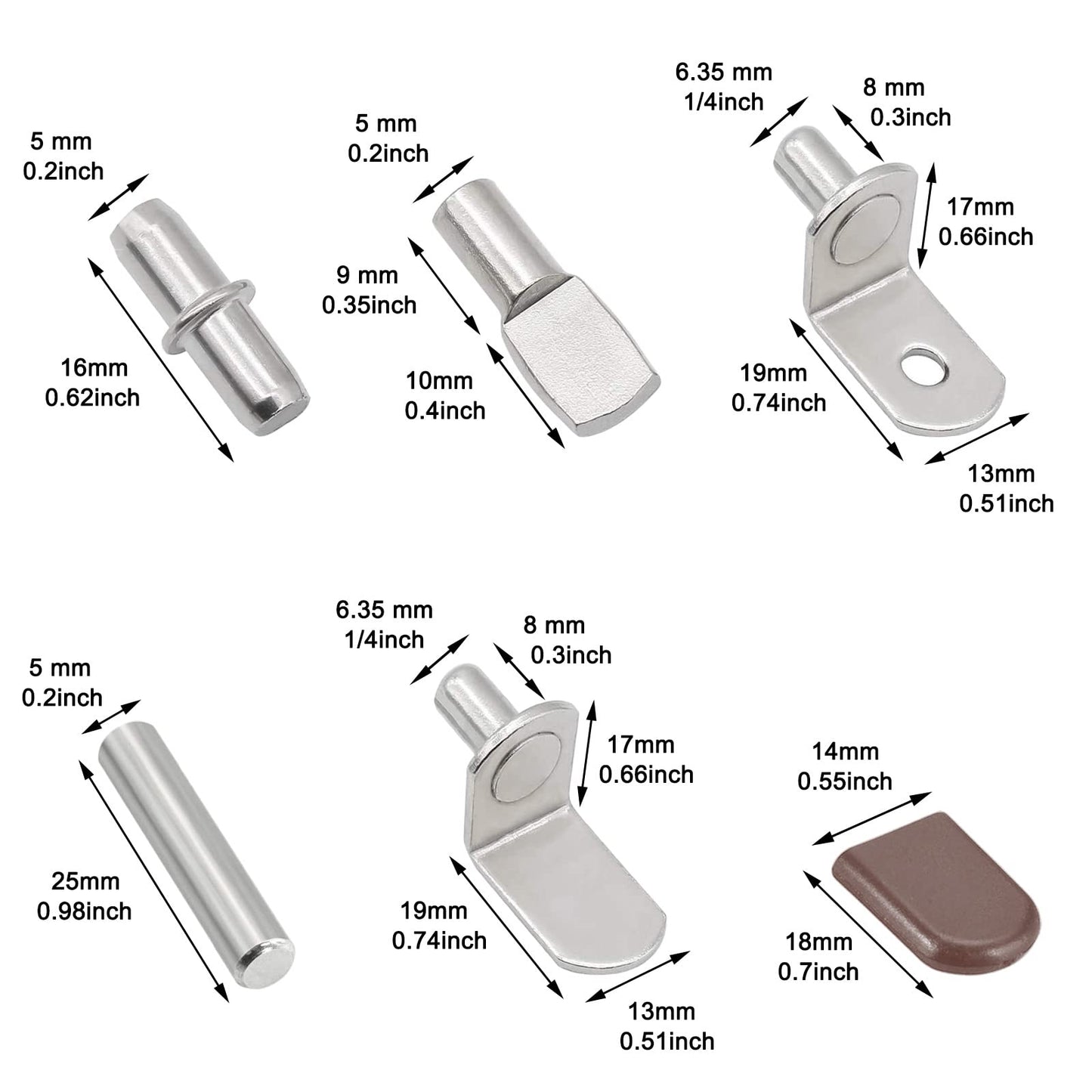 102Pcs Shelf Pins Pegs Kit,6 Styles Nickel Plated Shelf Support Pegs,Bookshelf Pegs for Shelves,L-Shaped Clips with Rubber Sleeve,Shelf Pins Holders for Furniture Glass Corner & Closet(5mm & 1/4inch)