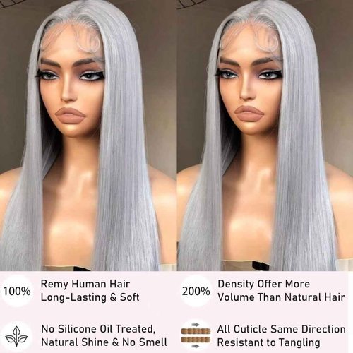 Mscathy 200% Grey Human Hair Wigs Straight 13×4 UHD Transparent Pre Plucked Pre Cut Gray Lace Front Wig Virgin Human Hair Glueless Lace Front Wigs for Women 24 Inch