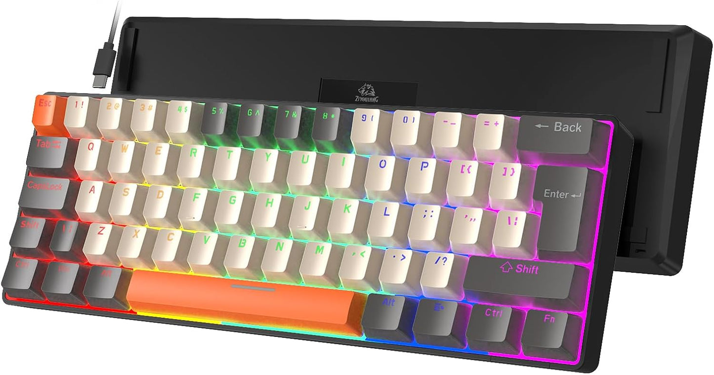 ZIYOU LANG T60 Wired 60% TKL Mechanical Gaming Keyboard with Led Rainbow Backlight Ultra-Compact NKRO Tactile Clicky Blue Switch Tri-Color ABS Keycap for Windows Laptop PC Mac Gamer(Pink/White)