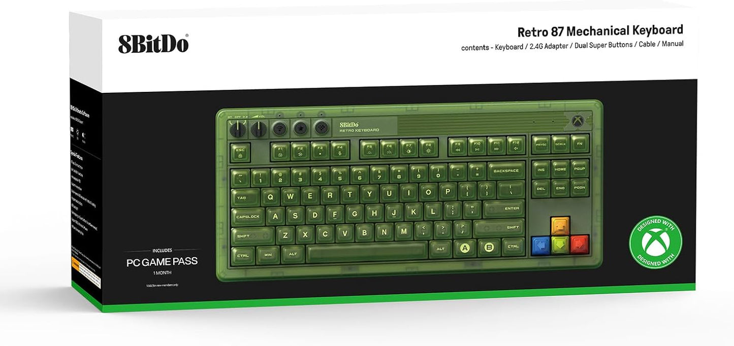 8BitDo Retro 87 Mechanical Keyboard with RGB Backlight, Bluetooth/2.4G/USB-C Hot Swappable Wireless Gaming Keyboard for Windows and Android - Xbox Edition (Officially Licensed) (Renewed)
