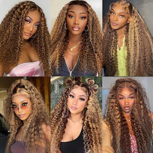 Honey Blonde Curly Wig Human Hair 13x4 HD Highlight Ombre 4/27 Deep Wave Lace Front Wigs Human Hair Pre Plucked 180% Density Glueless Colored Wigs for Women Wet and Wavy Lace Front Wigs 26 Inch