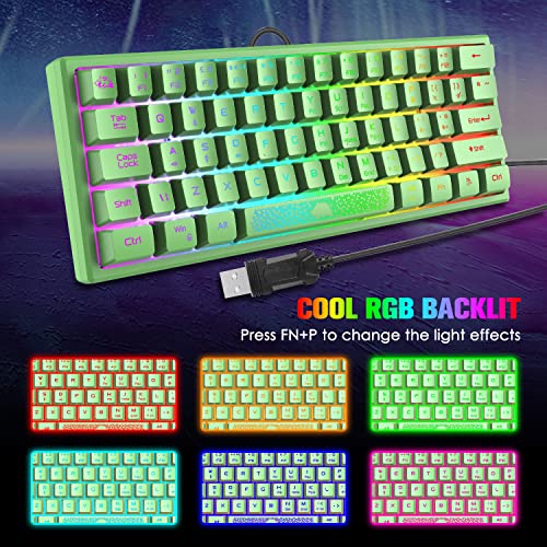 60% Gaming Keyboard and Mouse Combo Samll Mini RGB Backlight Mechanical Feeling and Mechanical RGB 6400 DPI Honeycomb Optical Mouse,Gaming Mouse pad for Gamers and Typists (Green)