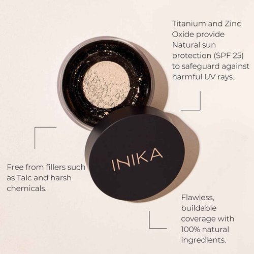 INIKA Organic Mineral Powder Foundation with SPF 25 - Vegan Makeup, Natural Looking, Buildable Coverage, Flawless Radiance & Glow, Blemish Coverage, Cruelty Free, Sustainable Packaging, Patience, 8g