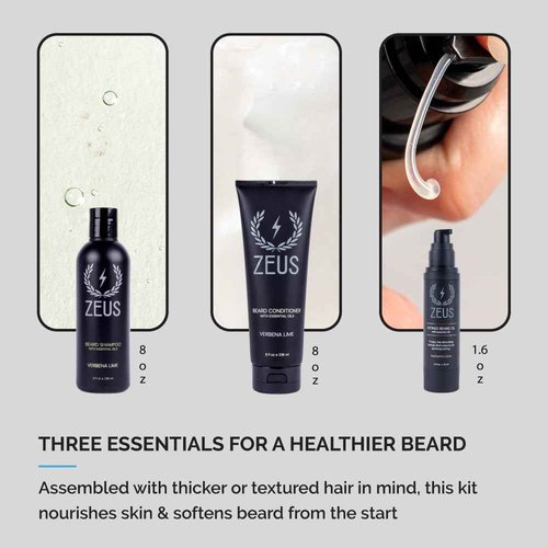 ZEUS Beard Care Starter Kit for Men, Natural Shampoo, Conditioner & Refined Oil, Soften, Hydrate & Strengthen Thick Facial Hair (Made in USA) Verbena Lime