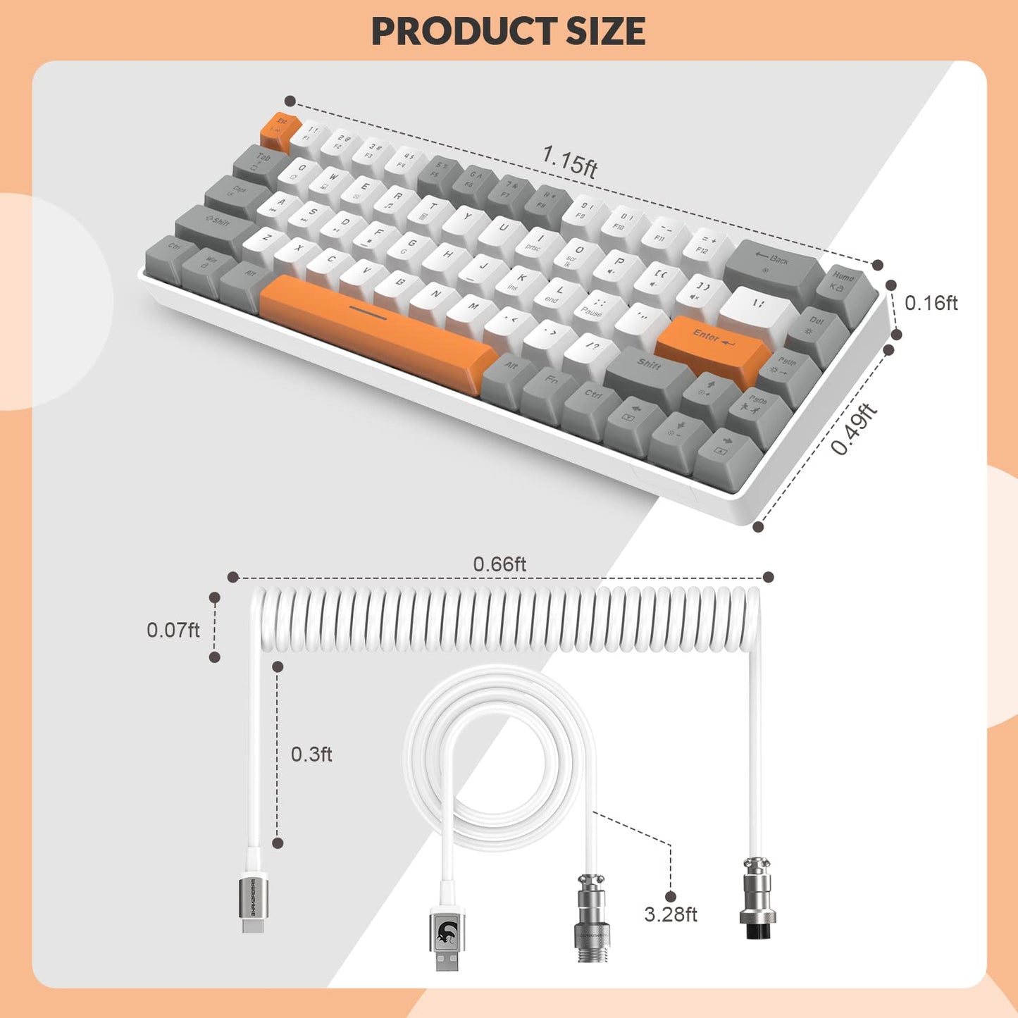 ZIYOU LANG RK-T8 Wired 65% Mechanical Gaming Keyboard with RGB LED Backlit Anti-ghosting TKL Mini 68 Key Custom Coiled C to A Cable Linear Red Switch for PS4 PS5 Xbox PC Mac Gamer(Gray/White/Orange)