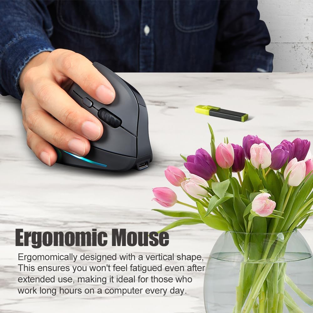 zelotes Bluetooth Wireless Mouse with Display,4000DPI,2-in-1(BT 5.0/3.0+2.4Ghz),Rechargeable,3 Device Connection,6 Buttons Vertical Ergonomic Mouse,Portable Mouse for PC,Laptop,Tablets
