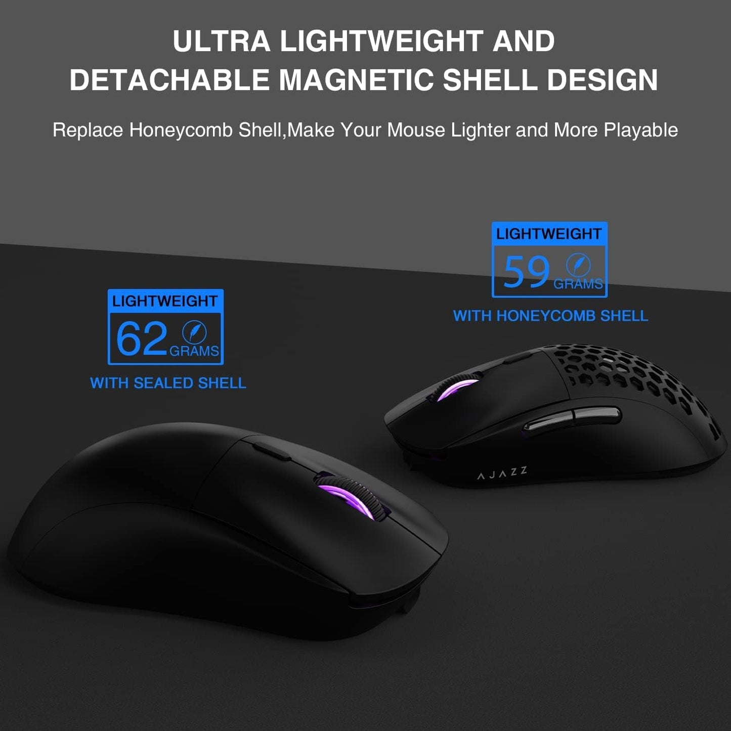 AJAZZ AJ199 Wireless Gaming Mouse,59G Ultra Lightwieght-Huanuo Micro Switch-26K PAW3395 Sensor-40Hrs Battery Life-2.4G/USB-C Mouse Gaming -Wireless Computer Mouse 6 Programmable Buttons,100% PTFE Feet