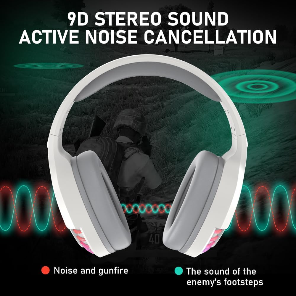 ZIYOU LANG L80 Wireless Gaming Headset Ultralight Over Ear with 2.4Ghz USB C&A Dongle/Bluetooth 5.3/3.5mm Wired Detachable Mic Stereo Sound 600mAh Battery for PC Mac PS4 PS5 Switch Win Gamer(White)