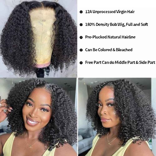 ChicRosa Short Curly Bob Wig Human Hair 13x4 Transparent Lace Frontal Curly Bob Wigs 14 inch 180% Density for Black Women with Preplucked Baby Hair