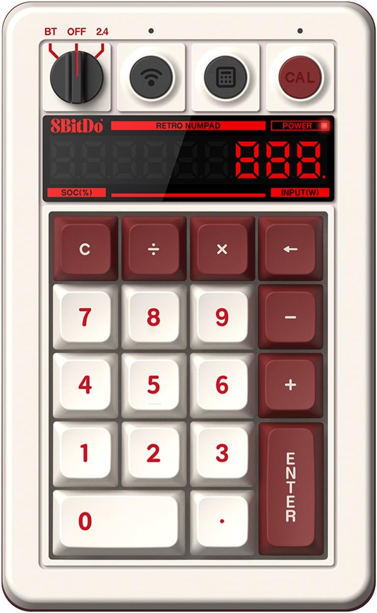 AKNES 8bitdo Retro 18 Mechanical 2-in-1 PC Numpad and Calculator, Bluetooth/2.4G/Wired for Windows and Android - M Edition
