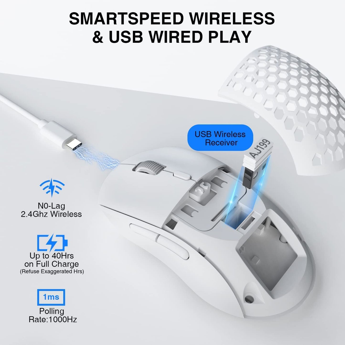 AJAZZ AJ199 Wireless Gaming Mouse,59G Ultra Lightwieght-Huanuo Micro Switch-26K PAW3395 Sensor-40Hrs Battery Life-2.4G/USB-C Mouse Gaming -Wireless Computer Mouse 6 Programmable Buttons,100% PTFE Feet