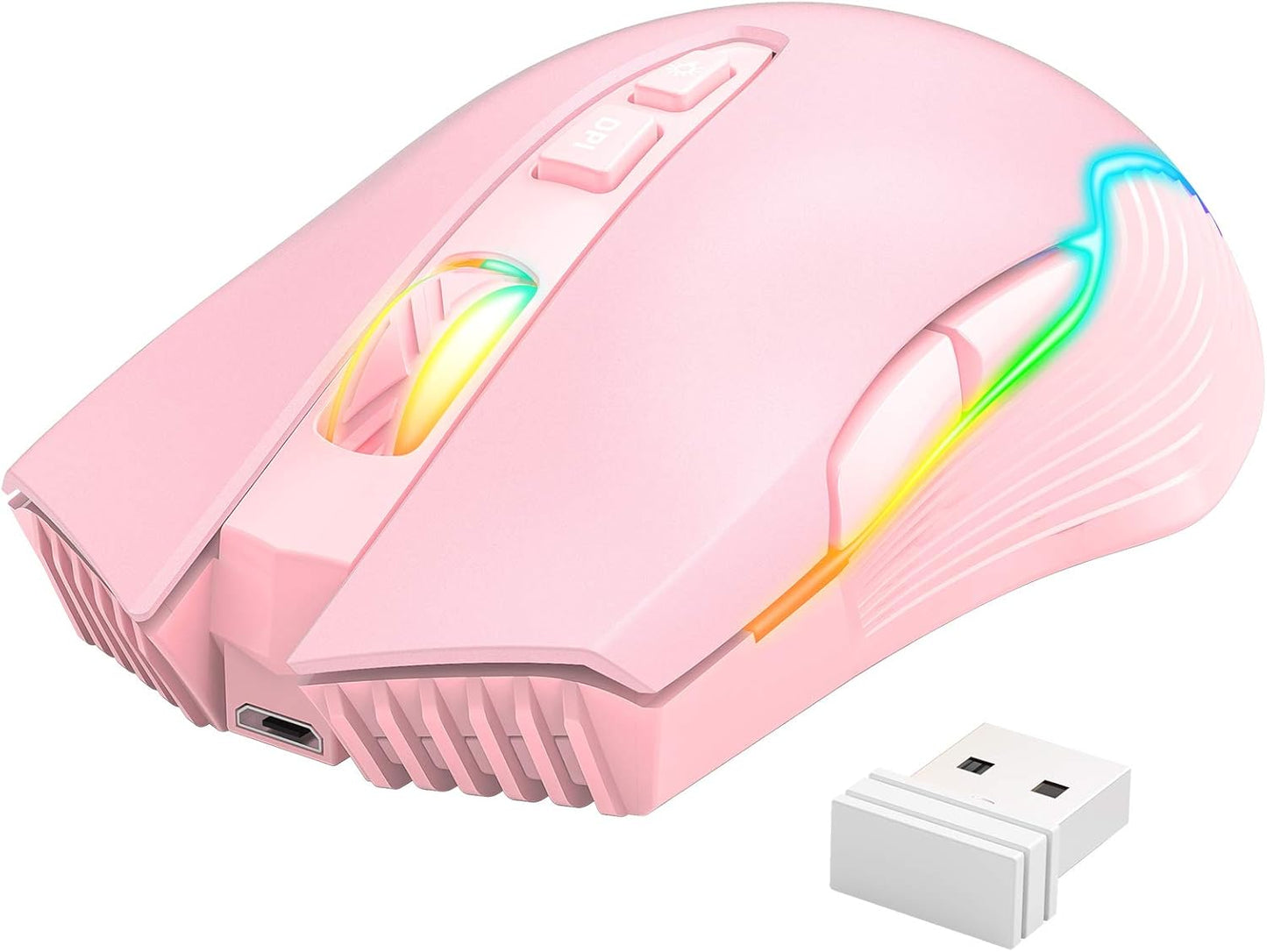 Aimzone Pink Gaming Mouse with RGB, USB Wireless Mouse for Gaming with Adjustable DPI, Multiple LED Lightning Effects, Rechargeable Wireless Mouse, Full Compatible with Mac & Windows (Pink)