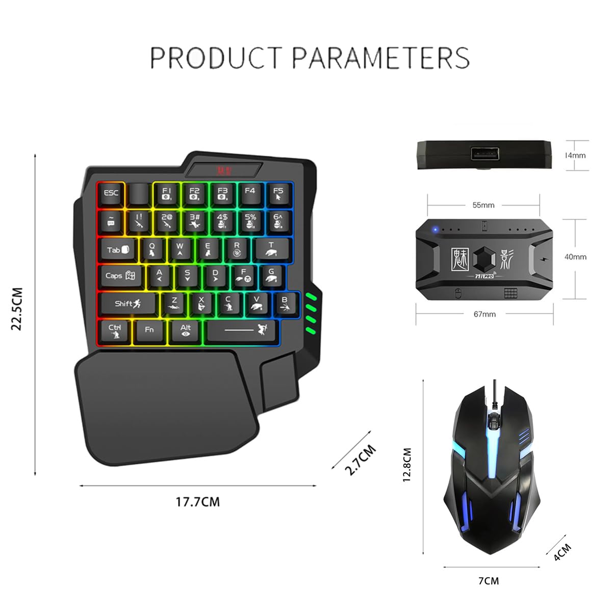 YOVDA One Handed Gaming Keyboard and Mouse Combo, with Gaming Mouse Converter, Rainbow Backlit 25 Keys Portable Small Mechanical Feel Keyboard Support Customize Button, for Android, PC Gamer