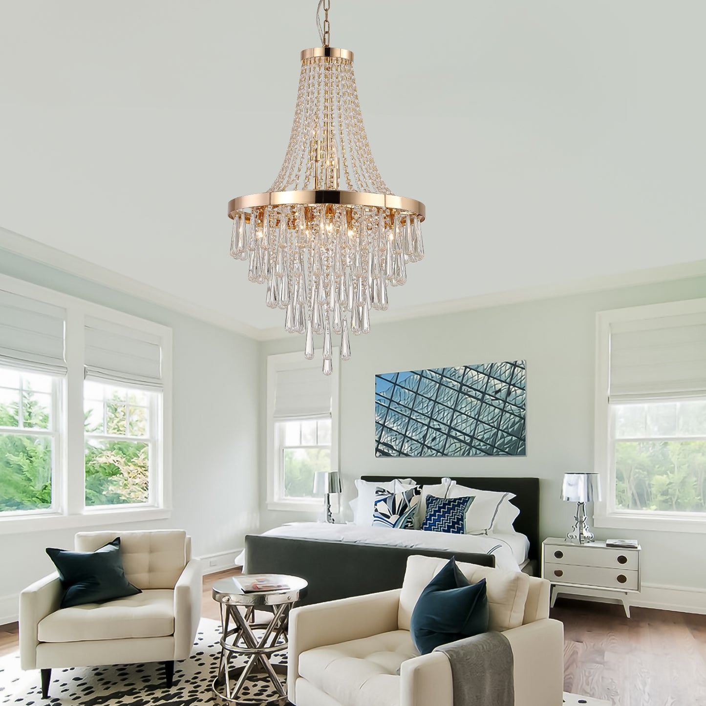 Modern Crystal Pendant Chandelier - 11-Light Golden Finish