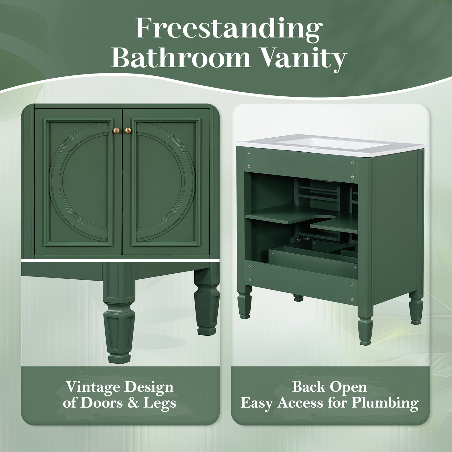 30" Vintage Bathroom Vanity with Sink & Soft Close Doors - Green