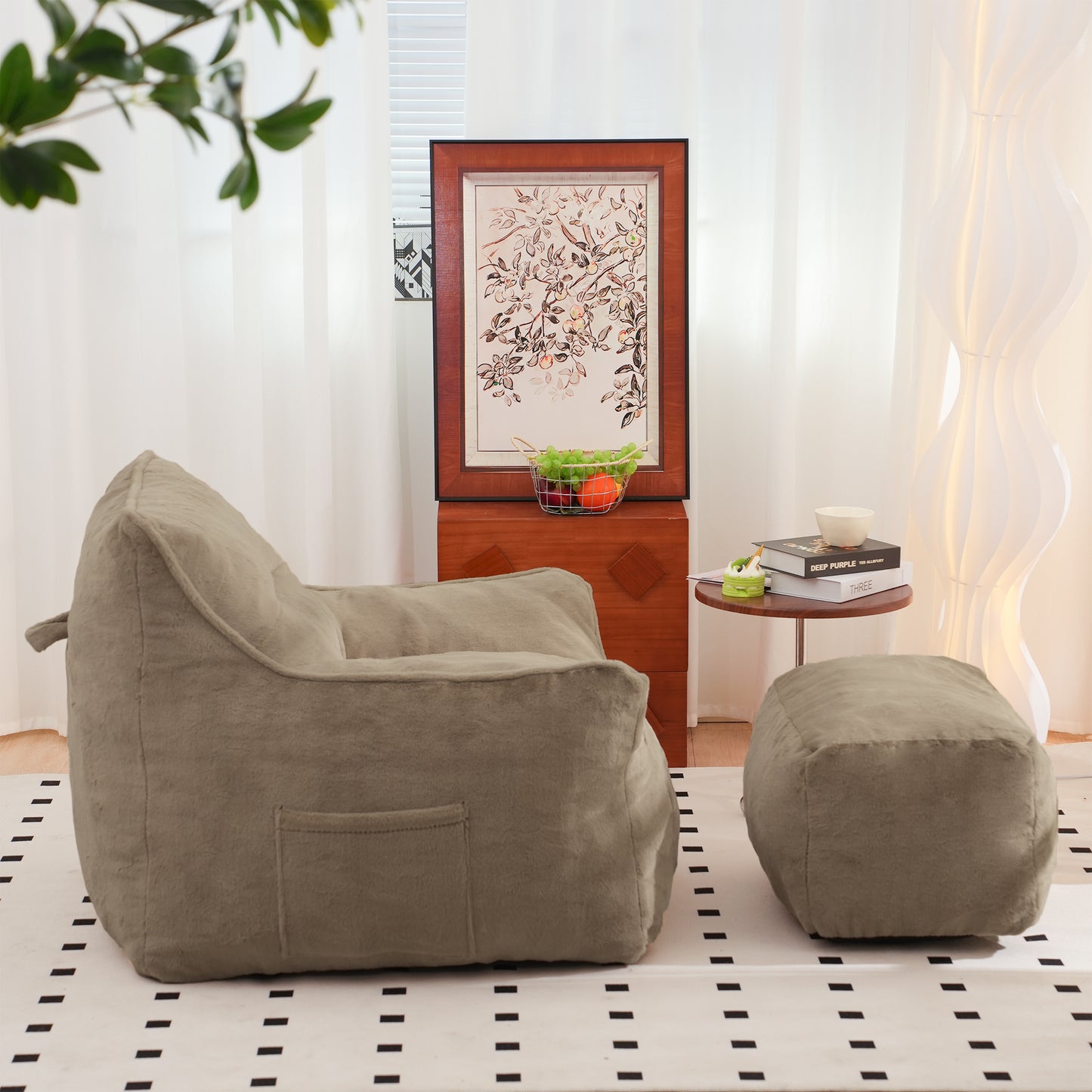 Soft Tufted Foam Bean Bag Chair with Faux Fur - Light Coffee
