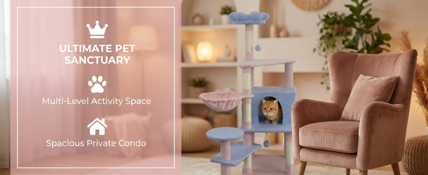 Flower Cat Tree with Large Condo, Removable Flower Cushion & Hammock - Blue