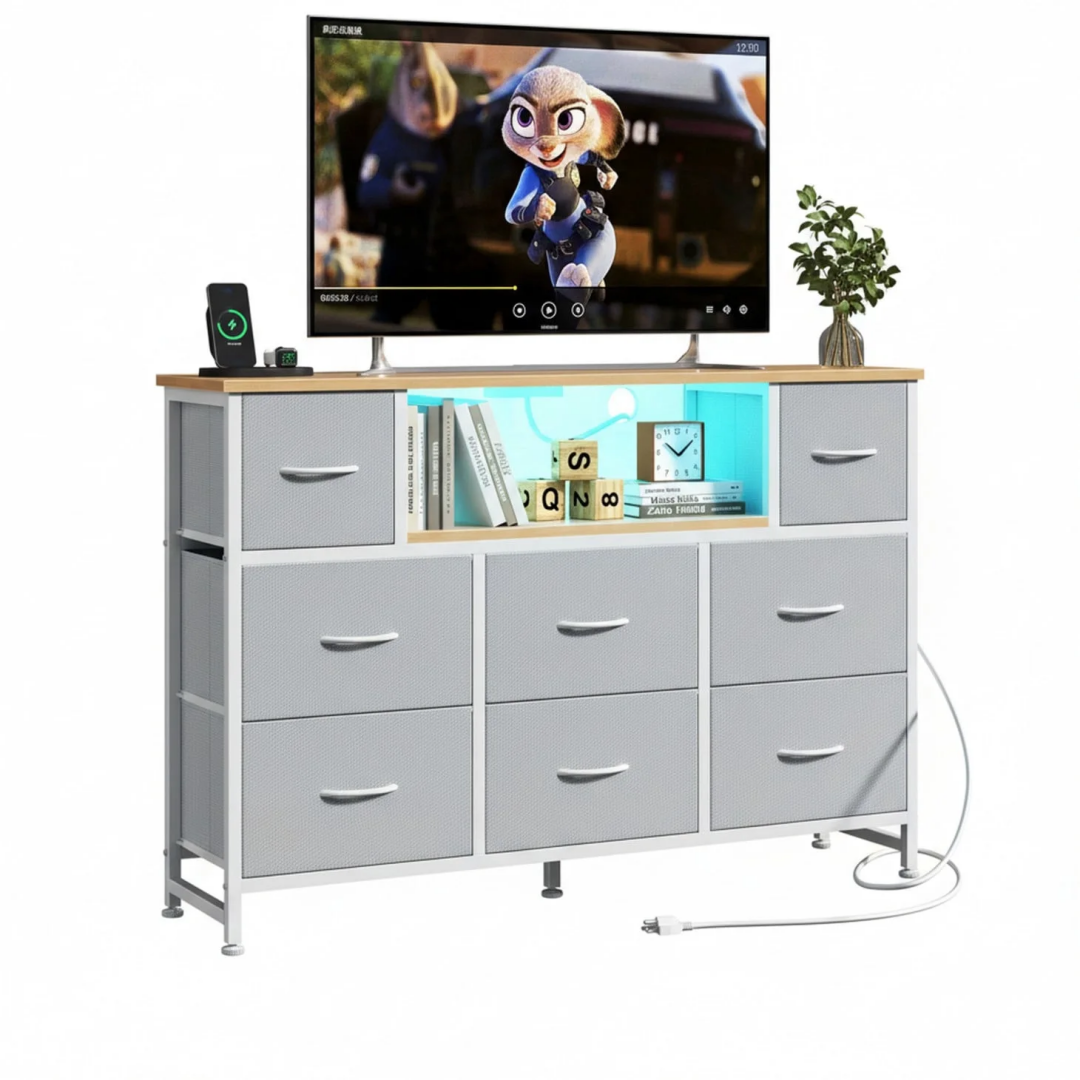 Storage Cabinet with 8 Fabric Drawers and Electrical Socket