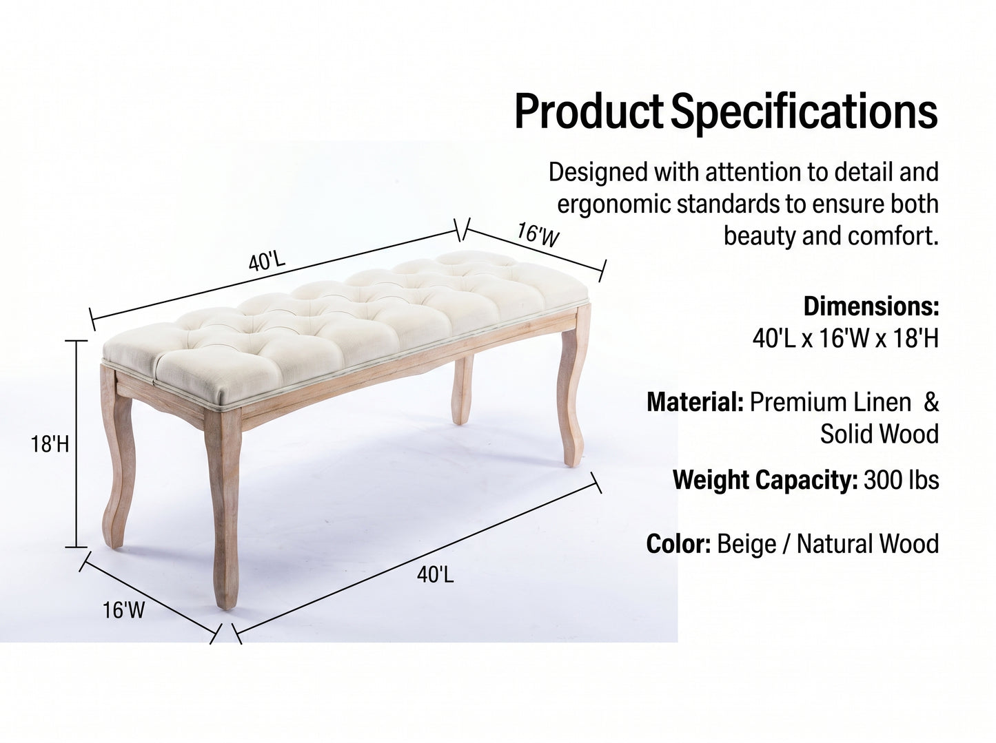 French Vintage Tufted Upholstered Bedroom Bench - Beige
