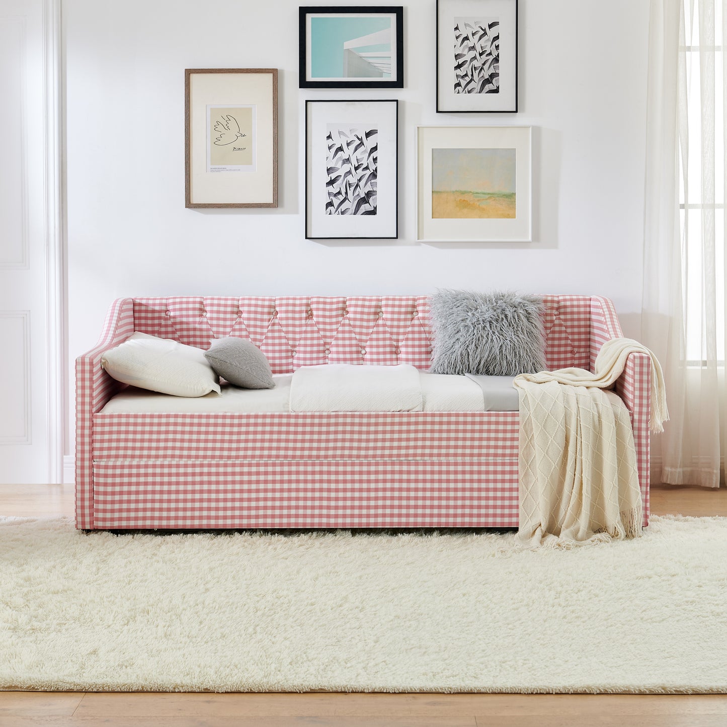 Twin Size Upholstered Daybed with Trundle & Storage - Pink