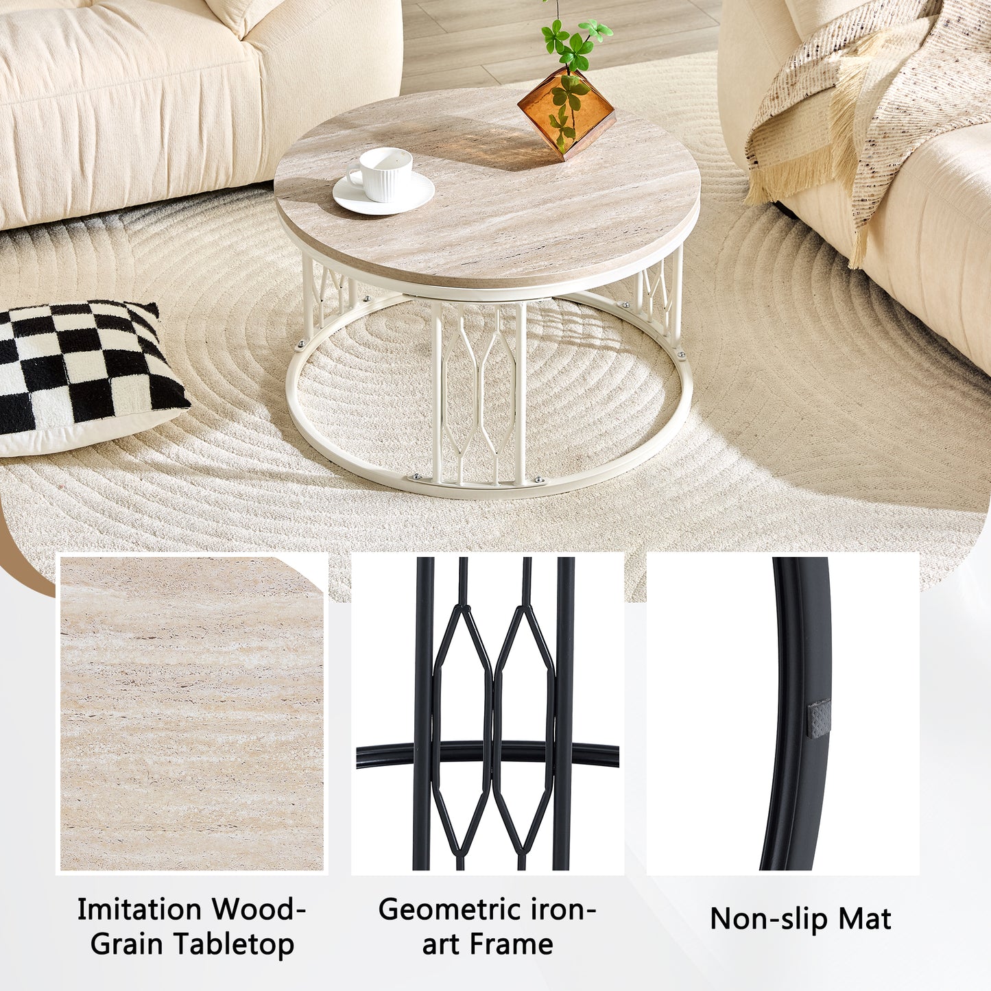 Round MDF Coffee Table with Stone-Effect Texture - 27.5"