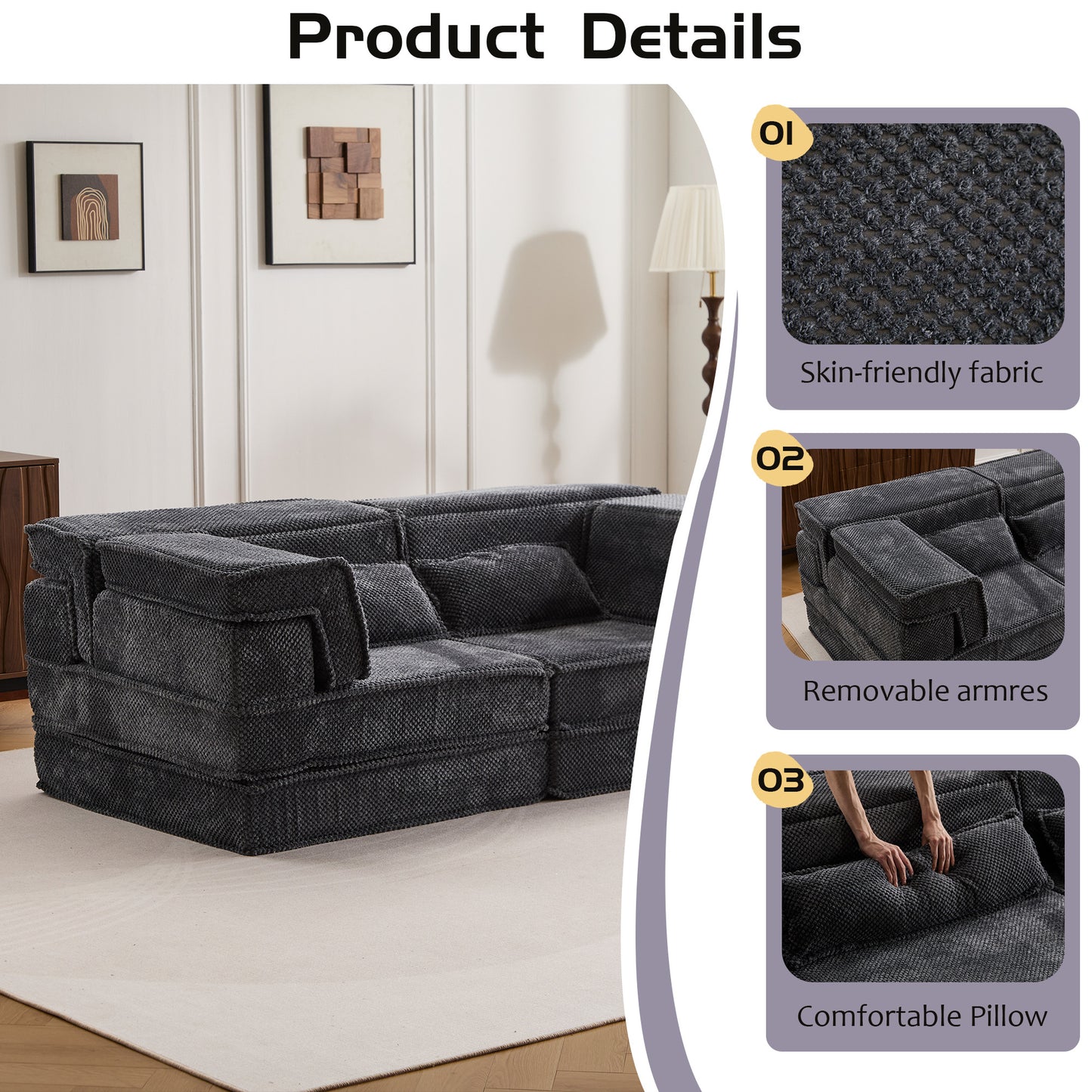 Modern Dark Grey Convertible Floor Sofa Bed with Memory Foam