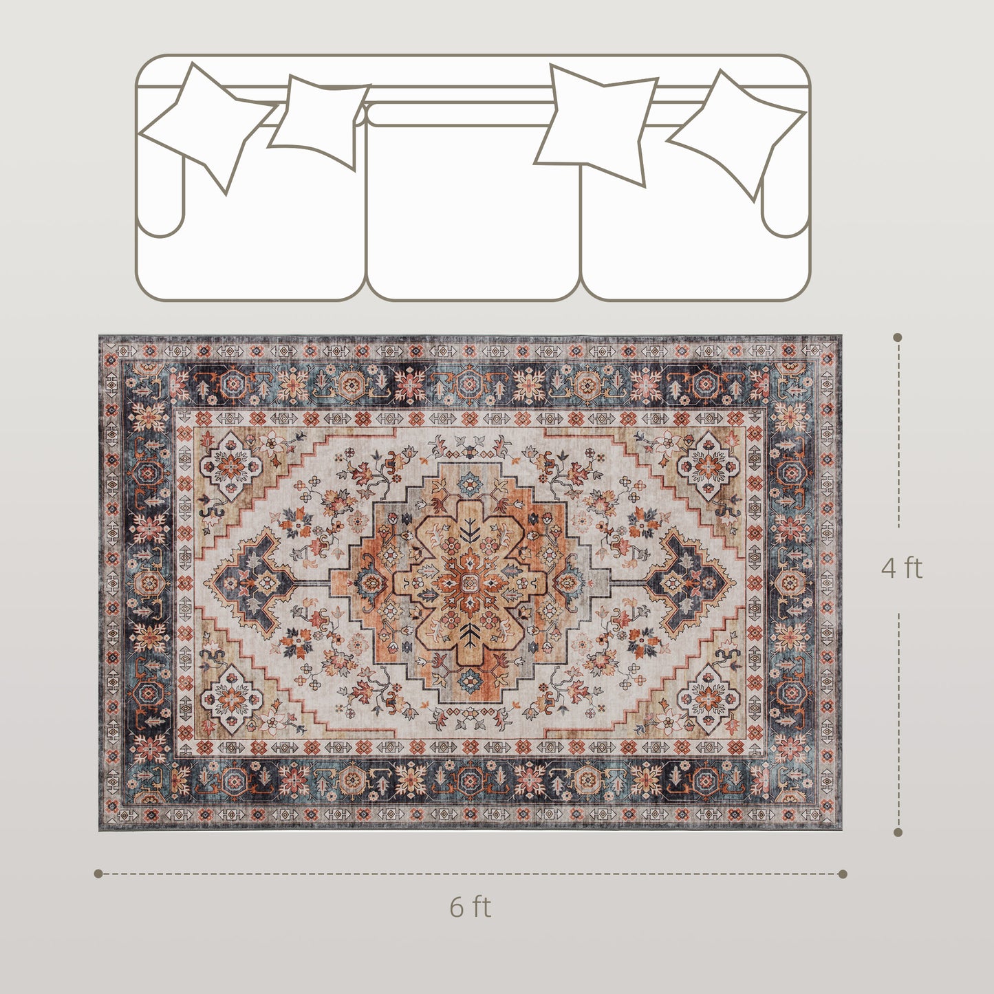 Boho Medallion Area Rug 4x6 - Machine Washable Non-Slip Tawny Brown