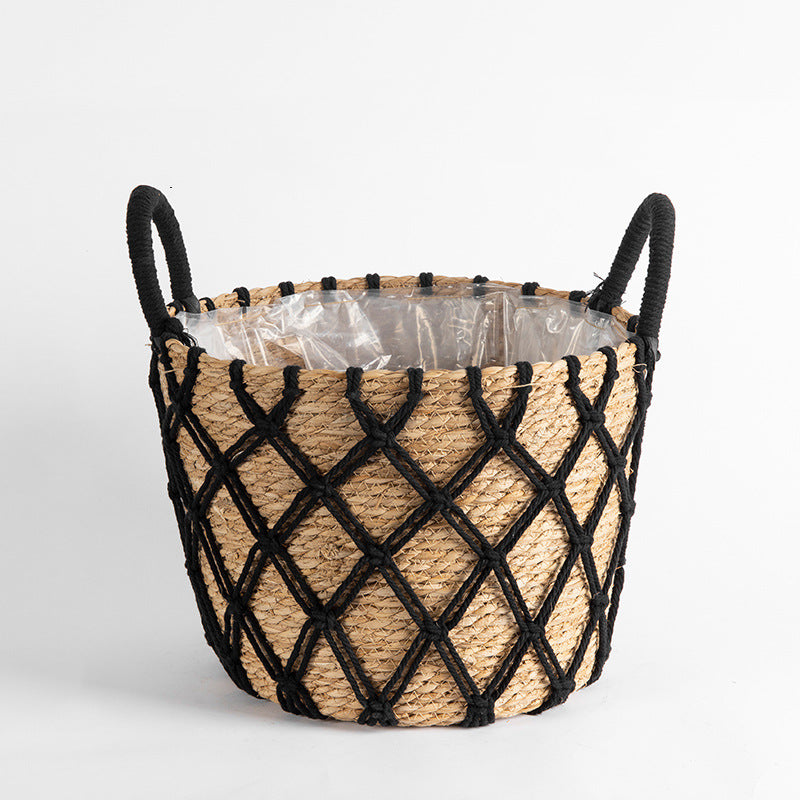 Floor-standing Flower Basket with Woven Straw Design - Garden & Home Decor