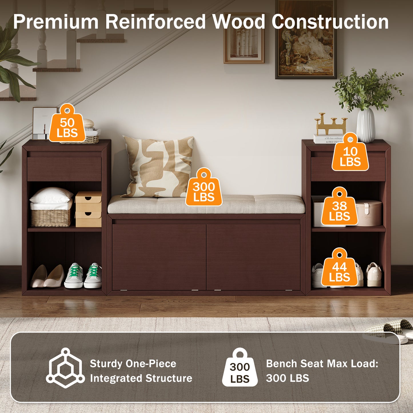 Storage Bench with Cushion - Entryway Organizer with Drawers & Open Shelves - Espresso